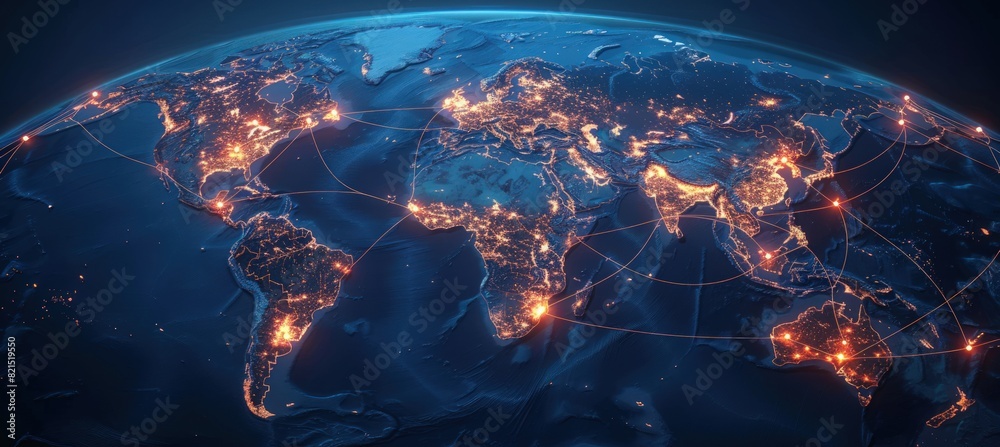 Fototapeta premium 3D map of the world with glowing city lights.