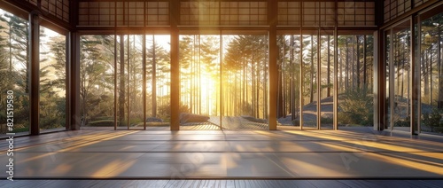 3D rendering of a Japanese-style house interior with floor-to-ceiling windows  a large room with tatami mats and a road leading to the forest outside.