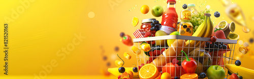Shopping cart filled with various groceries Comparison on isolated background
 photo