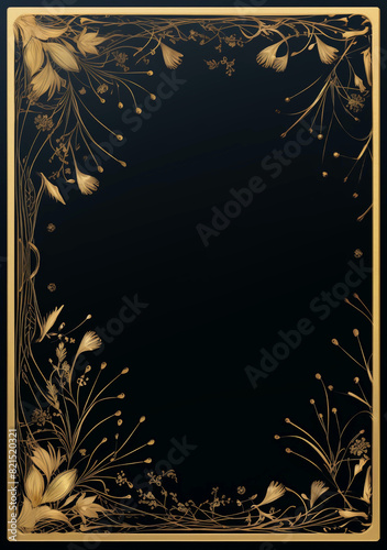 A beautiful gold and black frame border with wildflowers in the style of a vector graphic on a dark background