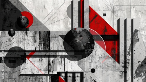 black and white abstract background with red circles and squares.
