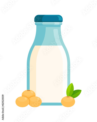 Bottle of soy milk with soybeans next to it. Flat icon isolated on white background. Plant-based milk concept for vegan and lactose-free diets. Perfect for nutritional guides