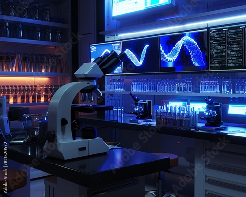 Modern laboratory interior with advanced microscope and scientific equipment, illuminated by blue light. High tech research environment. photo