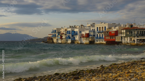 Colorful buildings along the ocean in Mykonos, Greece
