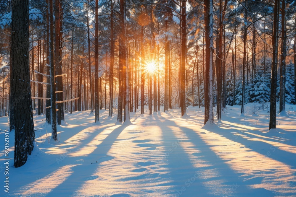 Fototapeta premium Beautiful winter forest landscape with tall trees covered in snow at sunset.