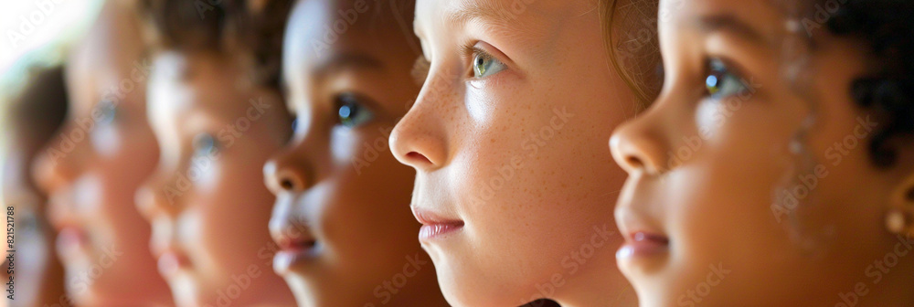 Close-up of schoolchildren's faces in a line with serious expressions. Close-up of schoolchildren's faces in a line with serious expressions.