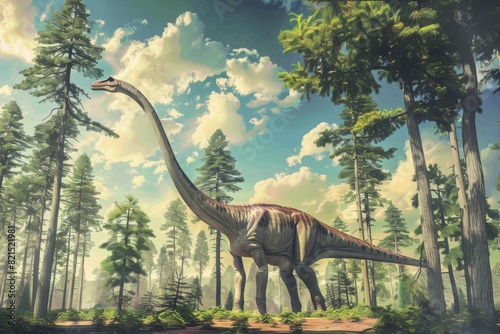 Jurassic landscape with Brachiosaurus feeding  created by AI.. Created with Generative AI.
