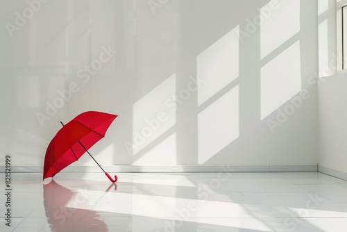 An open red umbrella lies on the floor in a bright room