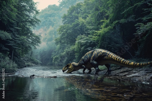 Diplodocus drinking in primeval forest, generated by AI.. Created with Generative AI. photo