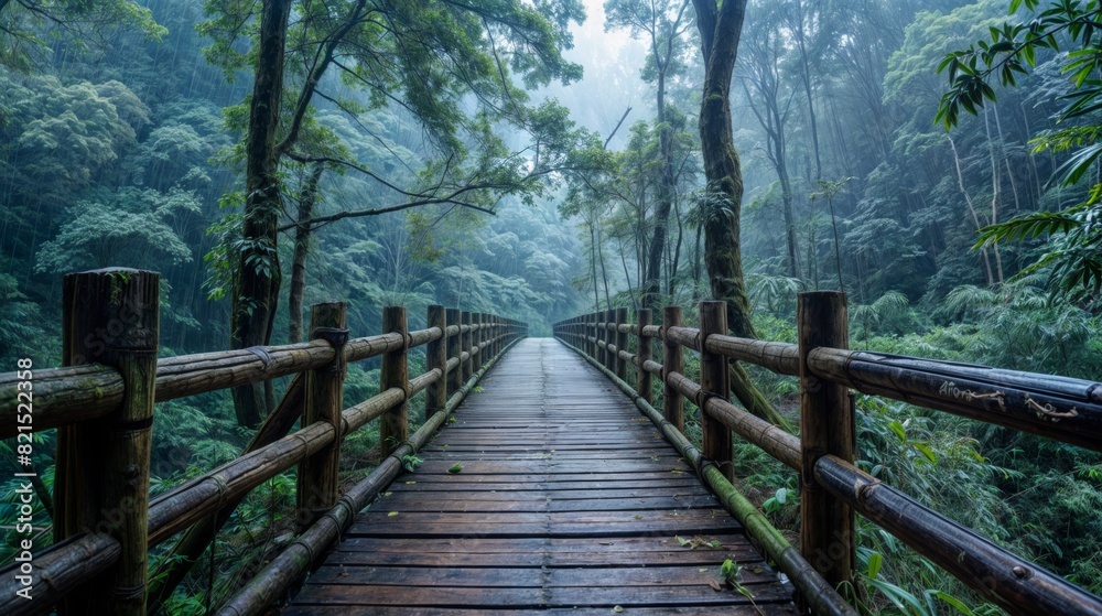 Misty Wooden Bridge In Lush Forest Landscape