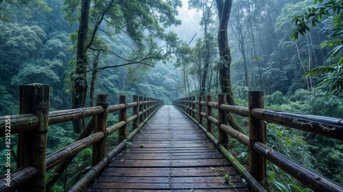 Misty Wooden Bridge In Lush Forest Landscape