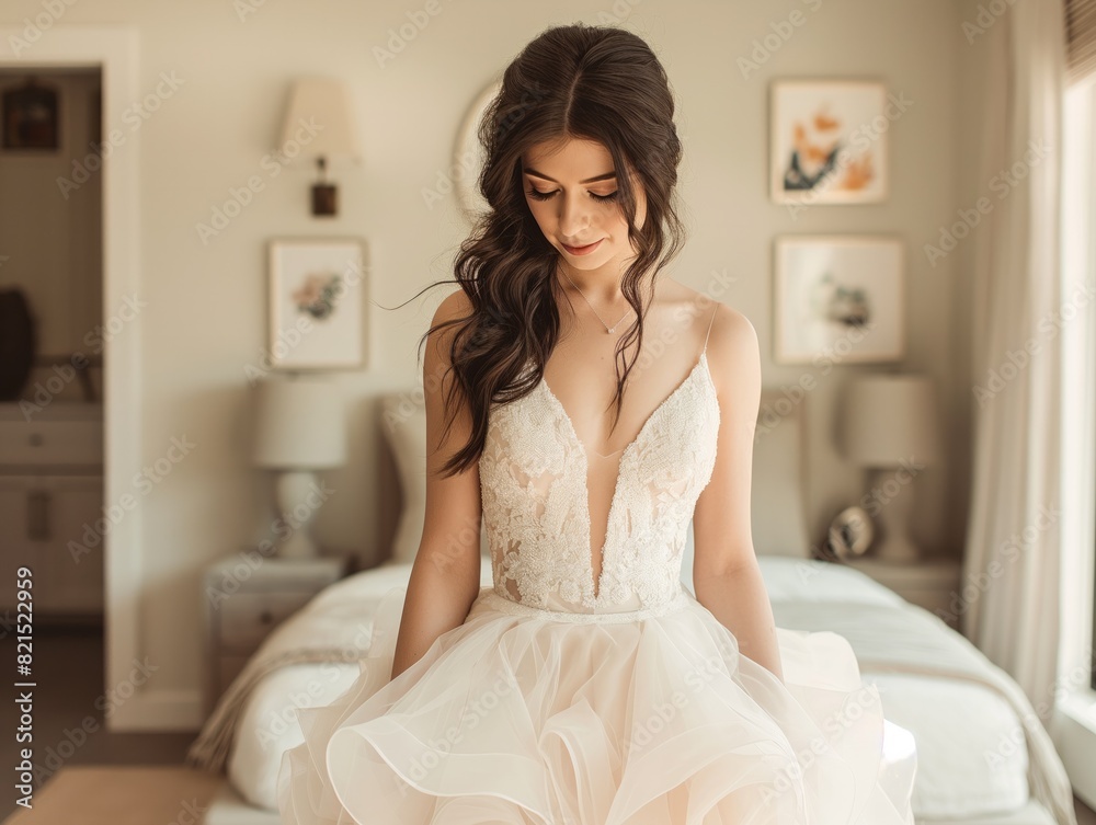 A woman in a wedding dress sits on a bed in a room with a white wall. The room has a few pictures on the wall and a lamp on the bed. The woman is wearing a necklace and has her hair in a bun A woman in a wedding dress sits on a bed in a room with a white wall. The room has a few pictures on the wall and a lamp on the bed. The woman is wearing a necklace and has her hair in a bun