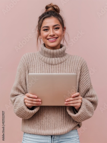 A woman holding a tablet or notebook standing against a pink background and isolated. smiling young girl.
