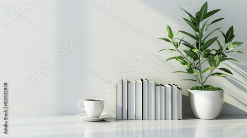 3D rendering of books and a coffee cup on a white table with a copy space, a green plant in a pot. A home interior design mock up for working from a copy space background. A white wall background. © Khalif