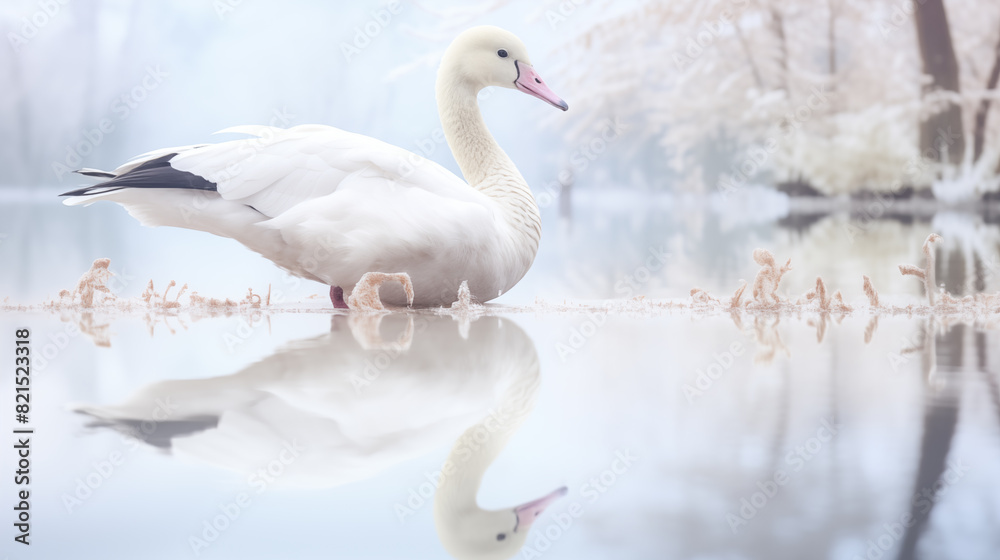 Fototapeta premium Double Exposure, White Background, Snow goose by a pond illustration ~ Created using Generative AI