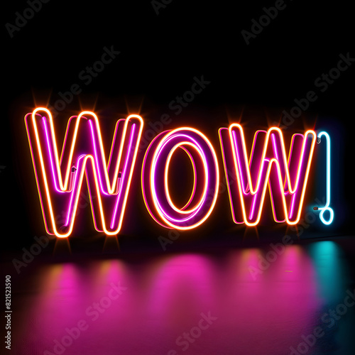 A neon sign that says "Wow!" in bright colors. The sign is lit up and he is glowing in the dark. The sign is likely meant to be eye-catching and attention-grabbing, possibly for a party or event