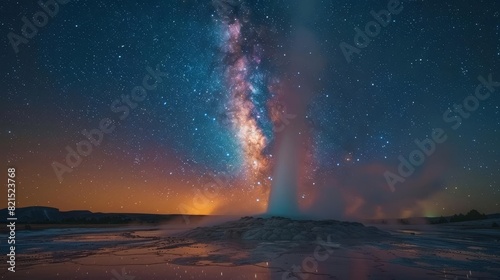 A geyser erupting under the night sky, with stars and the Milky Way visible above,