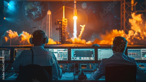 A group of scientists monitoring a rocket launch from a mission control room,
