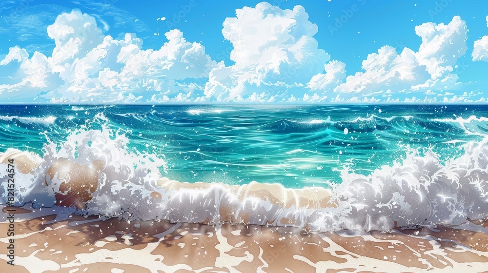 Fototapeta premium A serene beach backdrop featuring waves crashing under a brilliant blue sky.