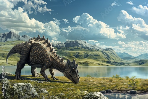 Majestic dinosaur by a serene lake. Created with Generative AI.