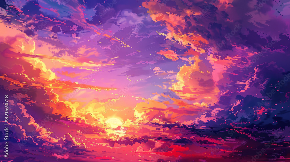 Obraz premium Sky melds vibrant orange, purple, and red hues in a spectacular sunset.