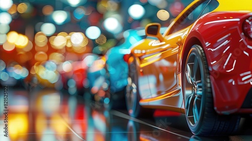 A car showroom with various colorful cars, blurred background, focus on the foreground, car for sale concept, real photo. © Khalif