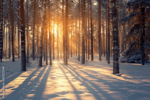 Beautiful winter forest landscape with tall trees covered in snow at sunset. © Ghiska