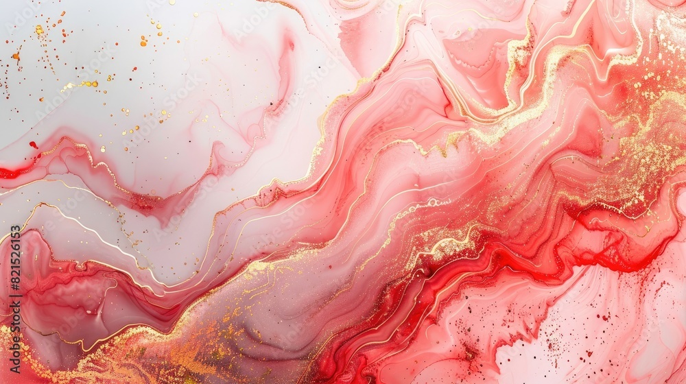 Fototapeta premium Abstract light red and white marble background with golden lines, liquid art painting in the style of watercolor