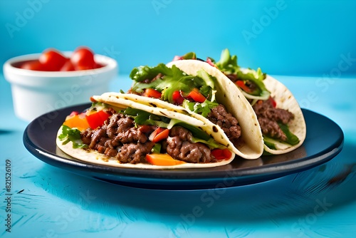 Mexican Tacos with Ground Beef and Vegetables on Rustic Blue Background