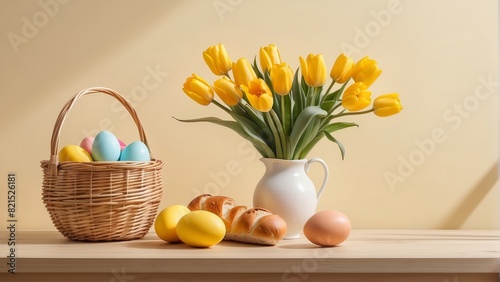Sunny Yellow living room interior with copy space, vase with tulips, bread in basket, colorful easter egg