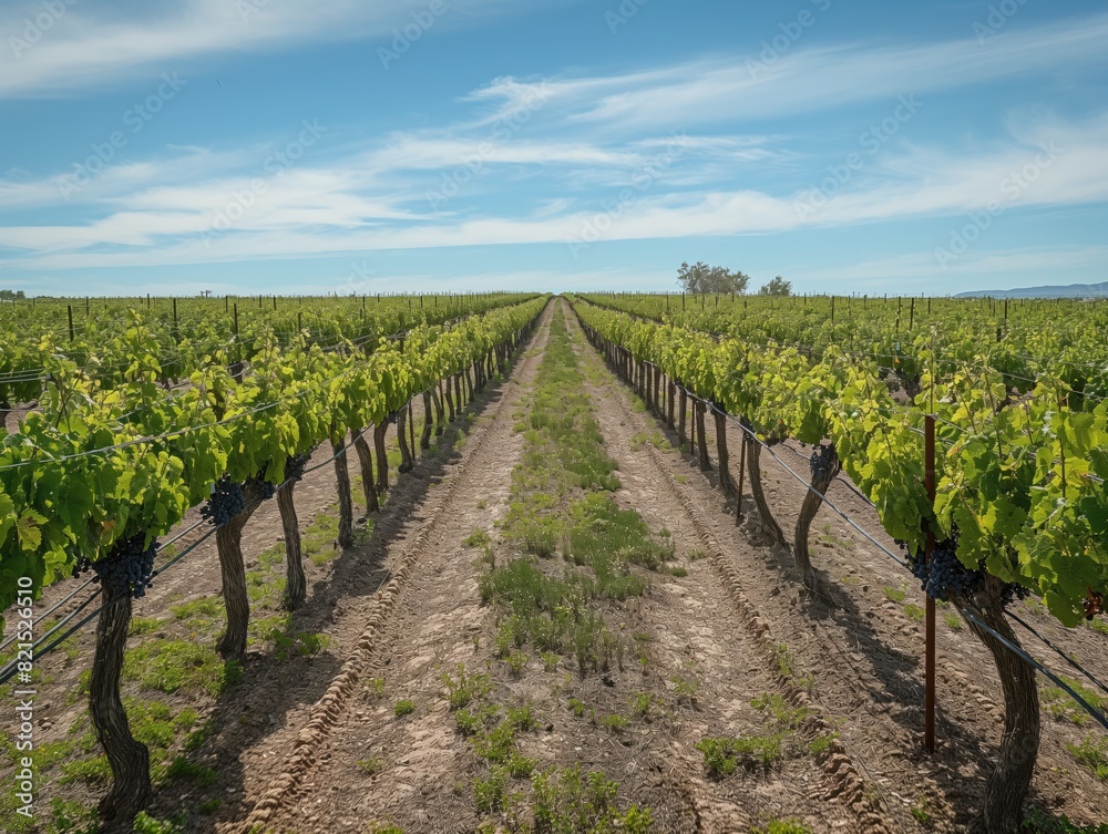 A row of grape vines with a clear blue sky in the background. The vines are green and are growing in a field A row of grape vines with a clear blue sky in the background. The vines are green and are growing in a field