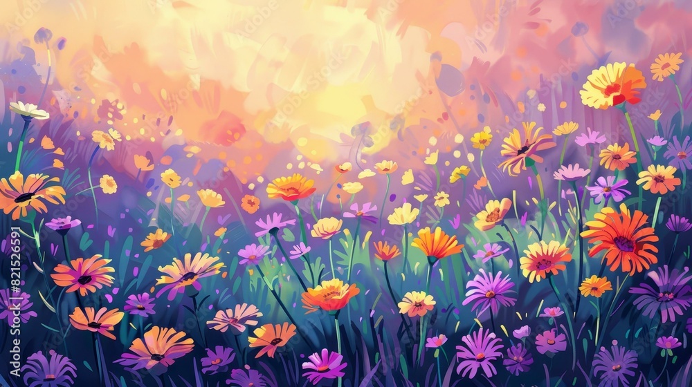 Naklejka premium A vibrant garden showcasing a spectrum of brightly blooming flowers.