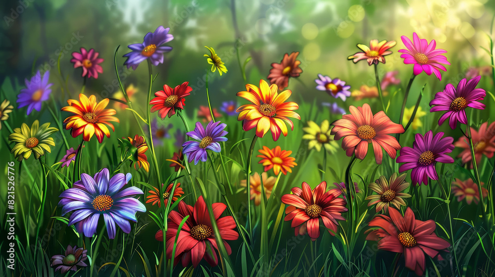 A vibrant garden showcasing a spectrum of brightly blooming flowers. A vibrant garden showcasing a spectrum of brightly blooming flowers.