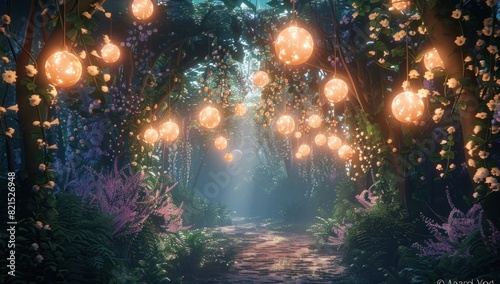 A mystical forest with glowing orbs hanging from vines