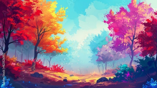 Vibrant autumn colors transform a serene forest into a stunning spectacle.