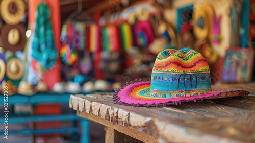 A colorful Mexican hat sits on a wooden table in a rustic western shop, with a blurred background of colorful decorations and artwork © Khalif