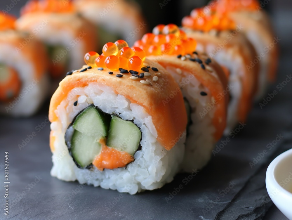 A sushi roll with cucumber and salmon on top. The roll is cut in half and has a garnish of red berries on top A sushi roll with cucumber and salmon on top. The roll is cut in half and has a garnish of red berries on top
