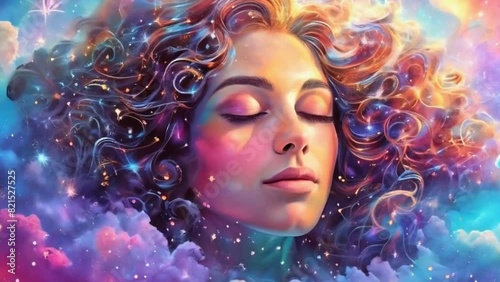 Create a vibrant, ethereal scene depicting a lucid dreamer floating through a kaleidoscope of colors and patterns, surrounded by swirling clouds of iridescent mist.. photo