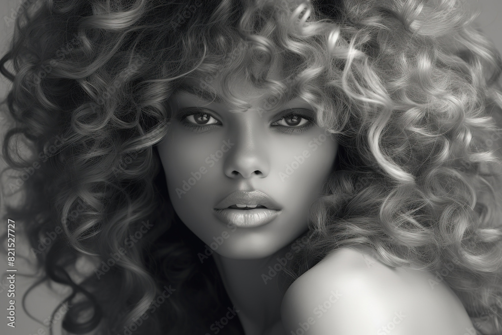 Monochrome Woman Hairstyle with Curly Hair Black and white portrait Monochrome Woman Hairstyle with Curly Hair Black and white portrait