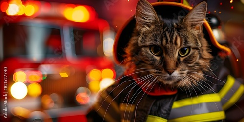 Cute Cat in Firefighter Costume with Fire Truck Pet Halloween Outfit. Concept Pet Costumes, Halloween, Firefighter, Cat, Fire Truck photo