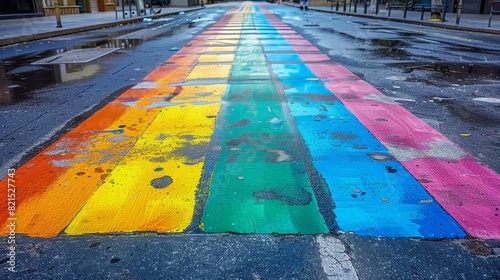 A photo of a rainbow flag painted on a crosswalk, symbolizing inclusivity and acceptance within society.