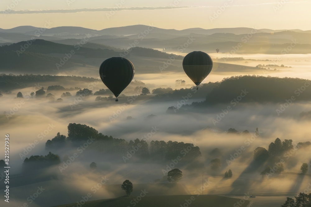 A photo of two black hot air balloons floating above the foggy valley at sunrise A photo of two black hot air balloons floating above the foggy valley at sunrise