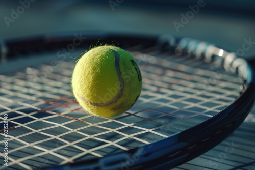 A tennis ball and a tennis racket in the middle of a tennis court.. Sports theme background