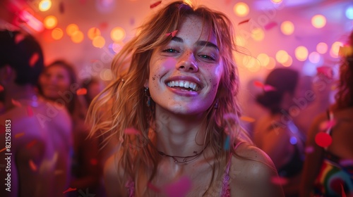 LGBTQA+ , LGBT : A group of people dancing freely at a Pride after-party, with vibrant lights and decorations in the background.