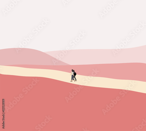 Two woman walking in public park with pink mountain on minimal background enjoying calm nature  solitude. Healthy lifestyle during vacation.