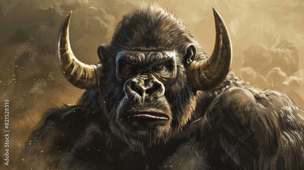 A mighty gorilla sporting formidable bull horns, exuding strength and fear. A mighty gorilla sporting formidable bull horns, exuding strength and fear.