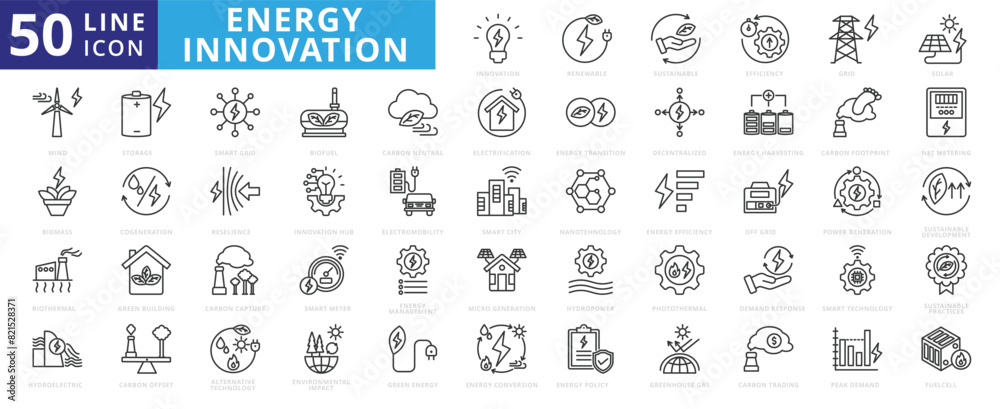 Energy innovation icon set with renewable, sustainable, efficiency, power grid, solar, wind, biothermal and biomass