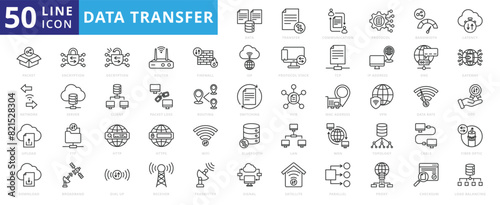 Data transfer icon set with database, file, sharing, management, bandwidth, latency, packet, network, encryption, and decryption photo