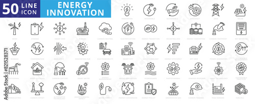 Energy innovation icon set with renewable, sustainable, efficiency, power grid, solar, wind, biothermal and biomass photo