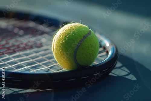 A tennis ball and a tennis racket in the middle of a tennis court.. Sports theme background © MrHamster